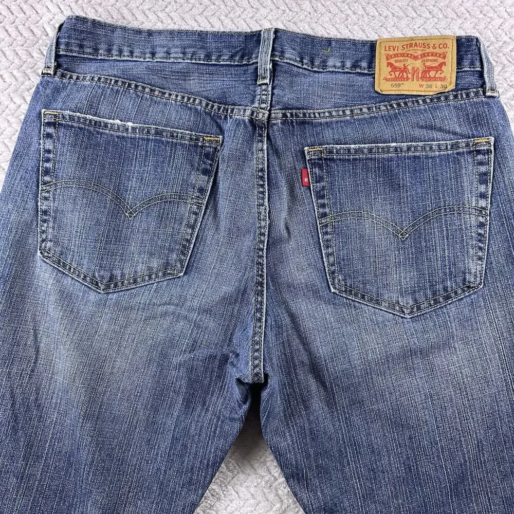 Levis 559 Jeans Men's 36x30 Blue Denim‎ Whiskered Relaxed Straight 100% Cotton